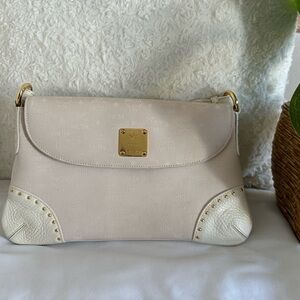 MCM White Canvas andLeather Shoulder Bag with Gold Hardware